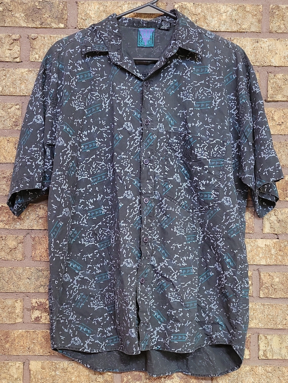 Vintage Shah Safari 100% Cotton Button Up Shirt Men’s Gray Teal Abstract Tribal
